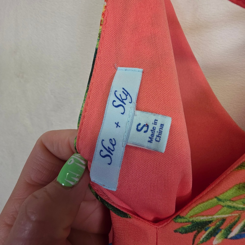 She + Sky Maxi Dress Womens S Coral Tropical Floral Resort Vacation Boho Flowy - Picture 6 of 15